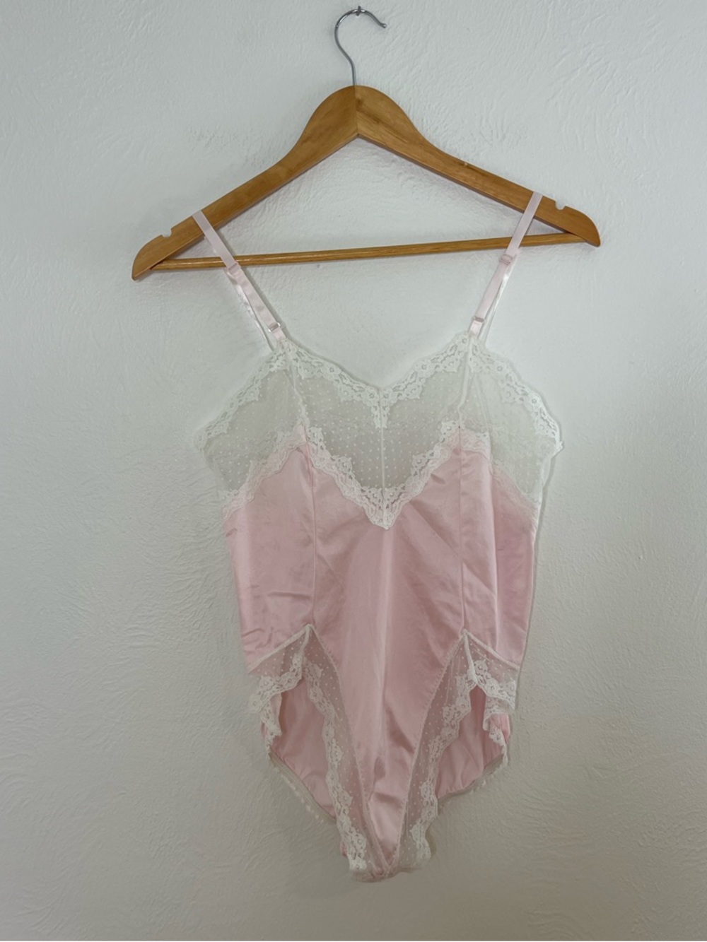Vintage Pink Lace Teddy Bodysuit Sheer Floral Trim Adjustable Straps Size S